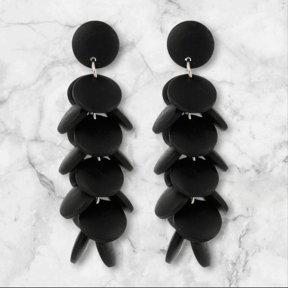 Jewelry - Sun Star Black Layered Wooden Circle Bohemian Drop Earrings